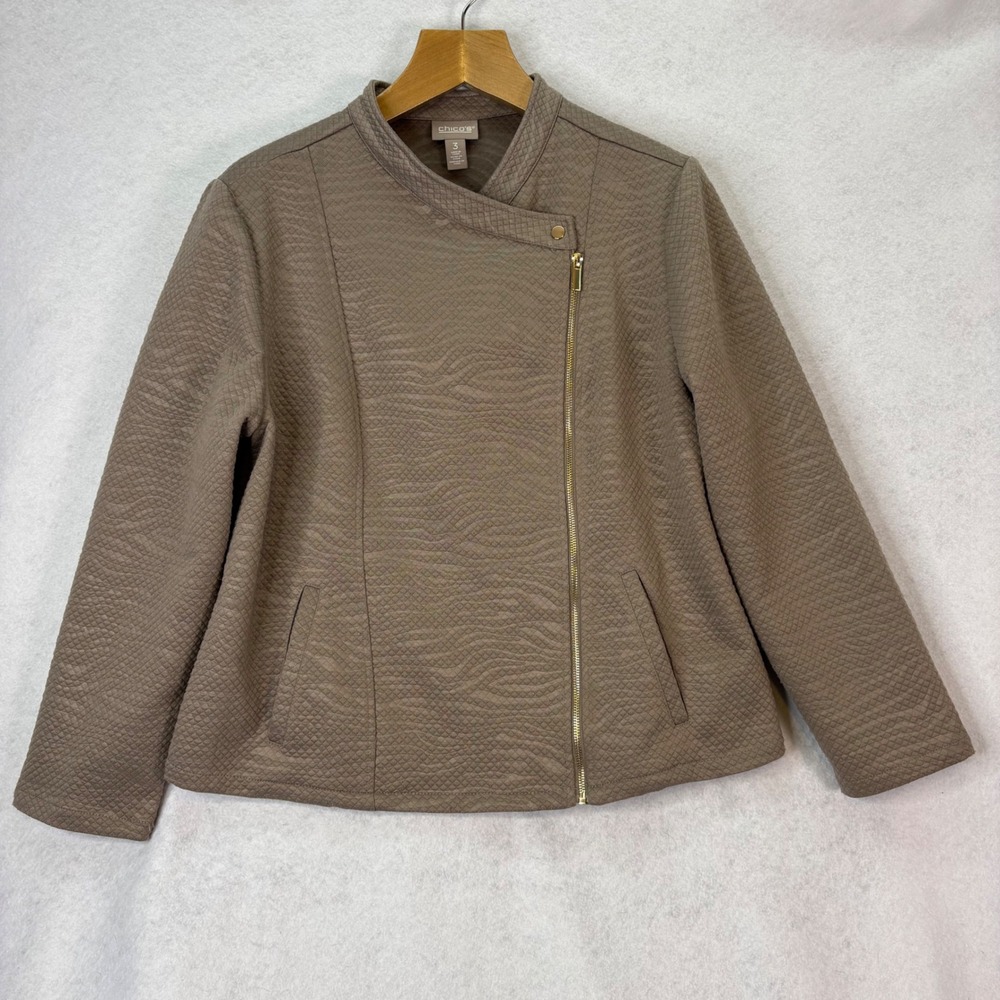 Chico's Taupe Quilted Jacquard‎ Moto Jacket Womens XL Zip Front Office Layering